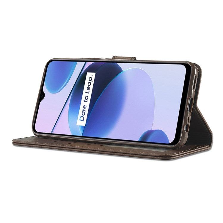 LC.IMEEKE for Realme C35 Textured PU Leather Flip Folio Anti-drop Stand Wallet Case Mobile Phone Case Cover - Brown