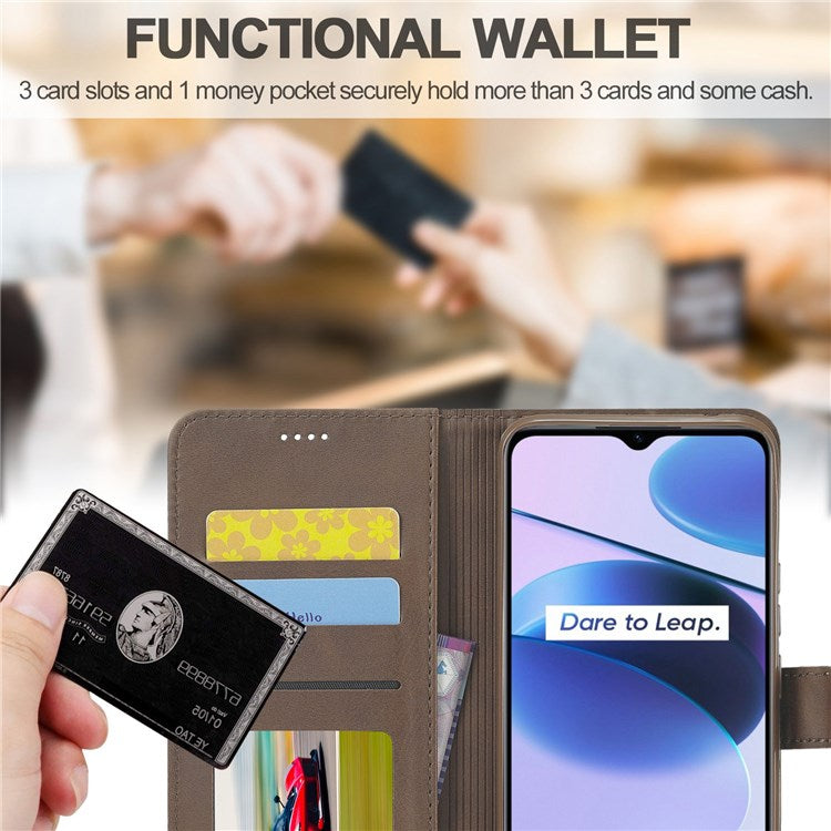 LC.IMEEKE for Realme C35 Textured PU Leather Flip Folio Anti-drop Stand Wallet Case Mobile Phone Case Cover - Brown