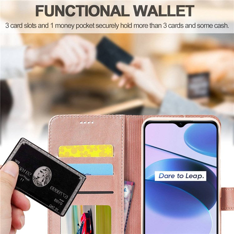 LC.IMEEKE for Realme C35 Textured PU Leather Flip Folio Anti-drop Stand Wallet Case Mobile Phone Case Cover - Pink