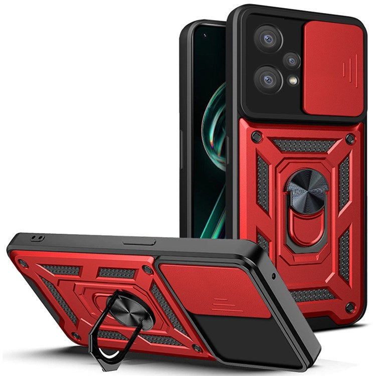 For Realme 9 Pro+ Hard PC + Soft TPU Phone Cover Slide Lens Protection Ring Kickstand Case - Red