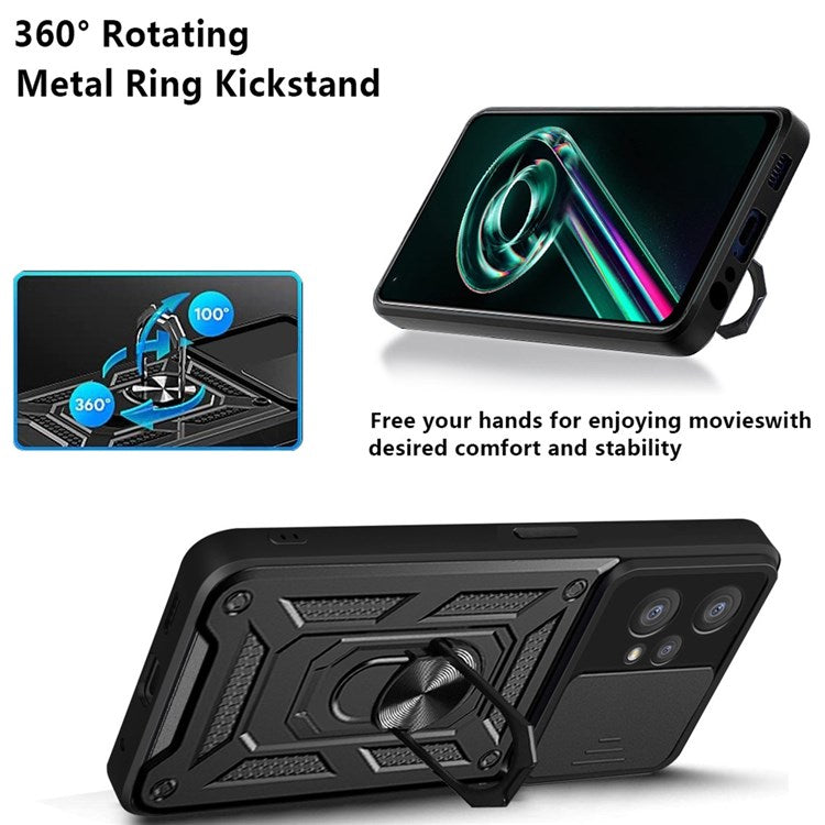 For Realme 9 Pro+ Hard PC + Soft TPU Phone Cover Slide Lens Protection Ring Kickstand Case - Rose Gold