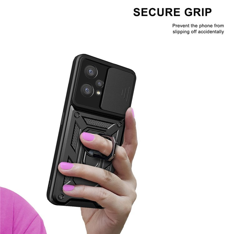 For Realme 9 Pro+ Hard PC + Soft TPU Phone Cover Slide Lens Protection Ring Kickstand Case - Rose Gold