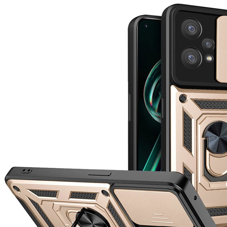 For Realme 9 Pro+ Hard PC + Soft TPU Phone Cover Slide Lens Protection Ring Kickstand Case - Gold