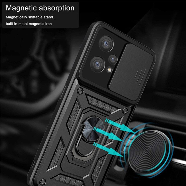 For Realme 9 Pro+ Hard PC + Soft TPU Phone Cover Slide Lens Protection Ring Kickstand Case - Green