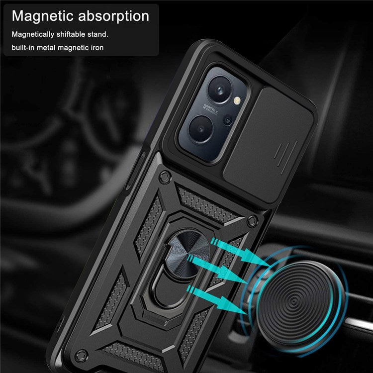 For Realme 9i/Oppo A36/A76 Slide Lens Cover PC + TPU Ring Kickstand Phone Cover with Built-in Metal Sheet - Black