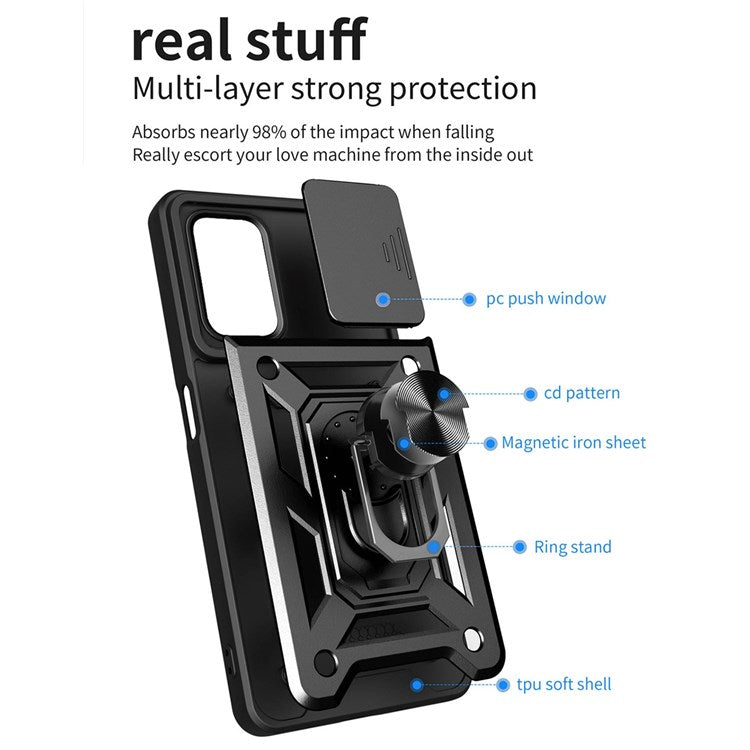 For Realme 9i/Oppo A36/A76 Slide Lens Cover PC + TPU Ring Kickstand Phone Cover with Built-in Metal Sheet - Black
