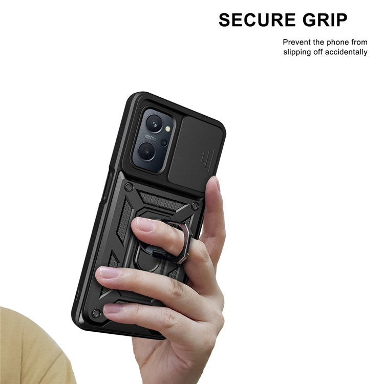 For Realme 9i/Oppo A36/A76 Slide Lens Cover PC + TPU Ring Kickstand Phone Cover with Built-in Metal Sheet - Green