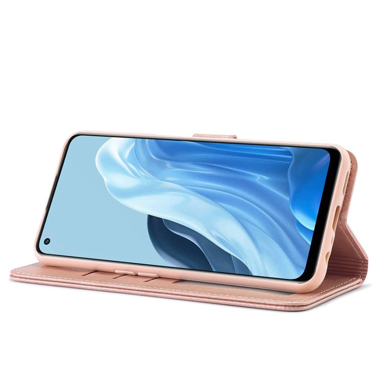 LC.IMEEKE For Oppo Reno7 5G (Global)/Find X5 Lite Textured PU Leather Stand Wallet Phone Case Folio Flip Cover - Pink