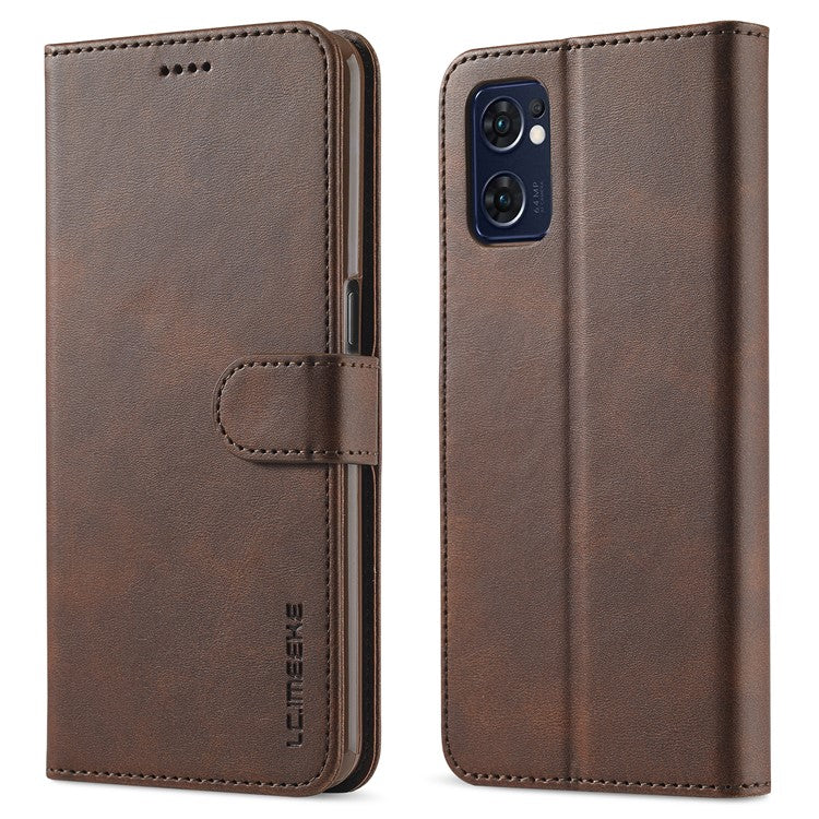 LC.IMEEKE For Oppo Reno7 5G (Global)/Find X5 Lite Textured PU Leather Stand Wallet Phone Case Folio Flip Cover - Brown
