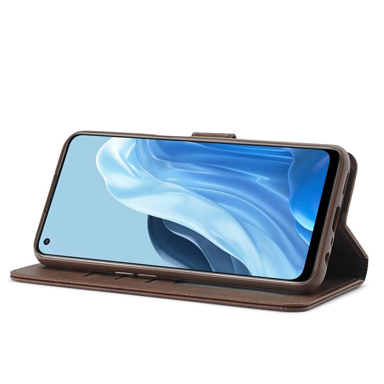 LC.IMEEKE For Oppo Reno7 5G (Global)/Find X5 Lite Textured PU Leather Stand Wallet Phone Case Folio Flip Cover - Brown