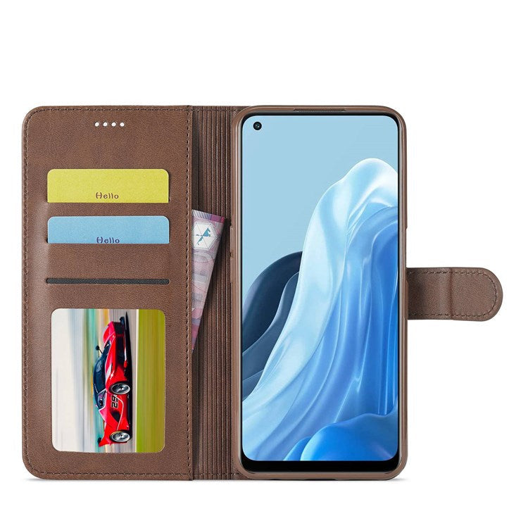 LC.IMEEKE For Oppo Reno7 5G (Global)/Find X5 Lite Textured PU Leather Stand Wallet Phone Case Folio Flip Cover - Brown