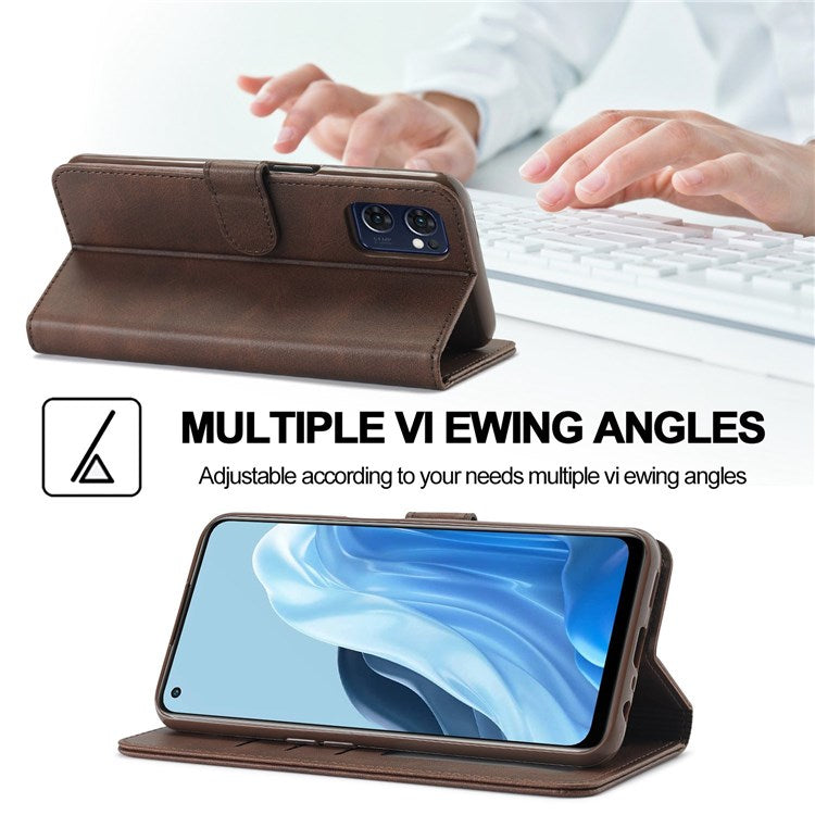 LC.IMEEKE For Oppo Reno7 5G (Global)/Find X5 Lite Textured PU Leather Stand Wallet Phone Case Folio Flip Cover - Brown