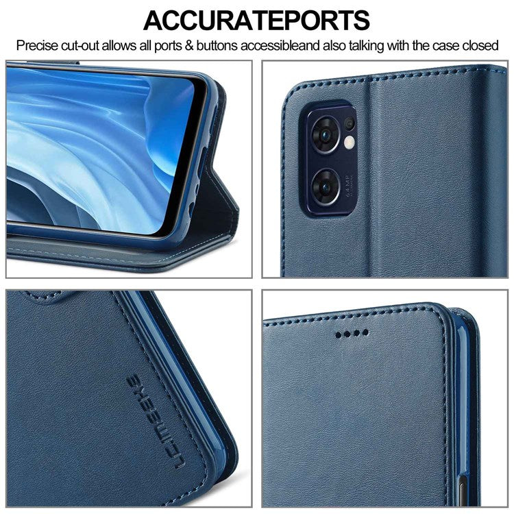 LC.IMEEKE For Oppo Reno7 5G (Global)/Find X5 Lite Textured PU Leather Stand Wallet Phone Case Folio Flip Cover - Blue