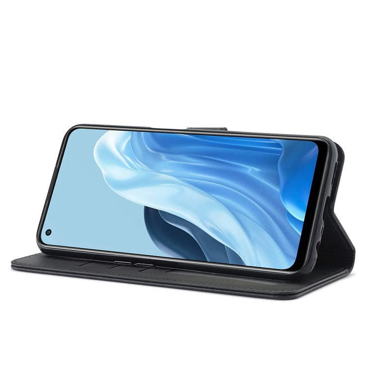 LC.IMEEKE For Oppo Reno7 5G (Global)/Find X5 Lite Textured PU Leather Stand Wallet Phone Case Folio Flip Cover - Black