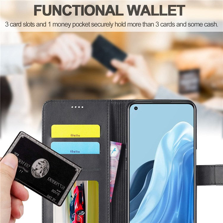 LC.IMEEKE For Oppo Reno7 5G (Global)/Find X5 Lite Textured PU Leather Stand Wallet Phone Case Folio Flip Cover - Black