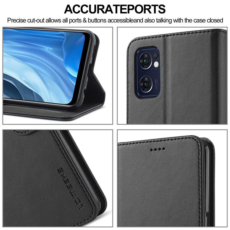 LC.IMEEKE For Oppo Reno7 5G (Global)/Find X5 Lite Textured PU Leather Stand Wallet Phone Case Folio Flip Cover - Black