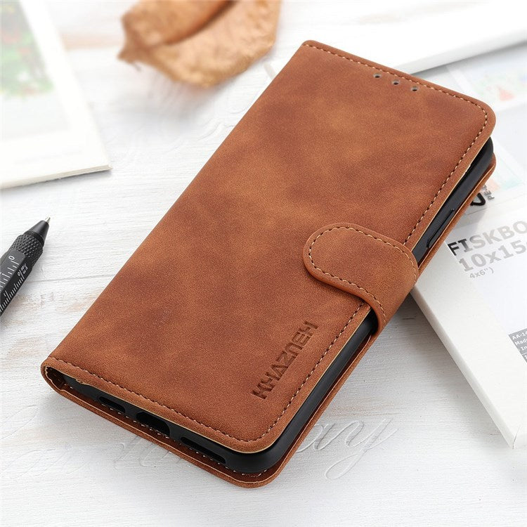 KHAZNEH For Oppo Reno7 4G/F21 Pro 4G Vintage Textured Stand Wallet Case Shockproof PU Leather Phone Cover - Brown