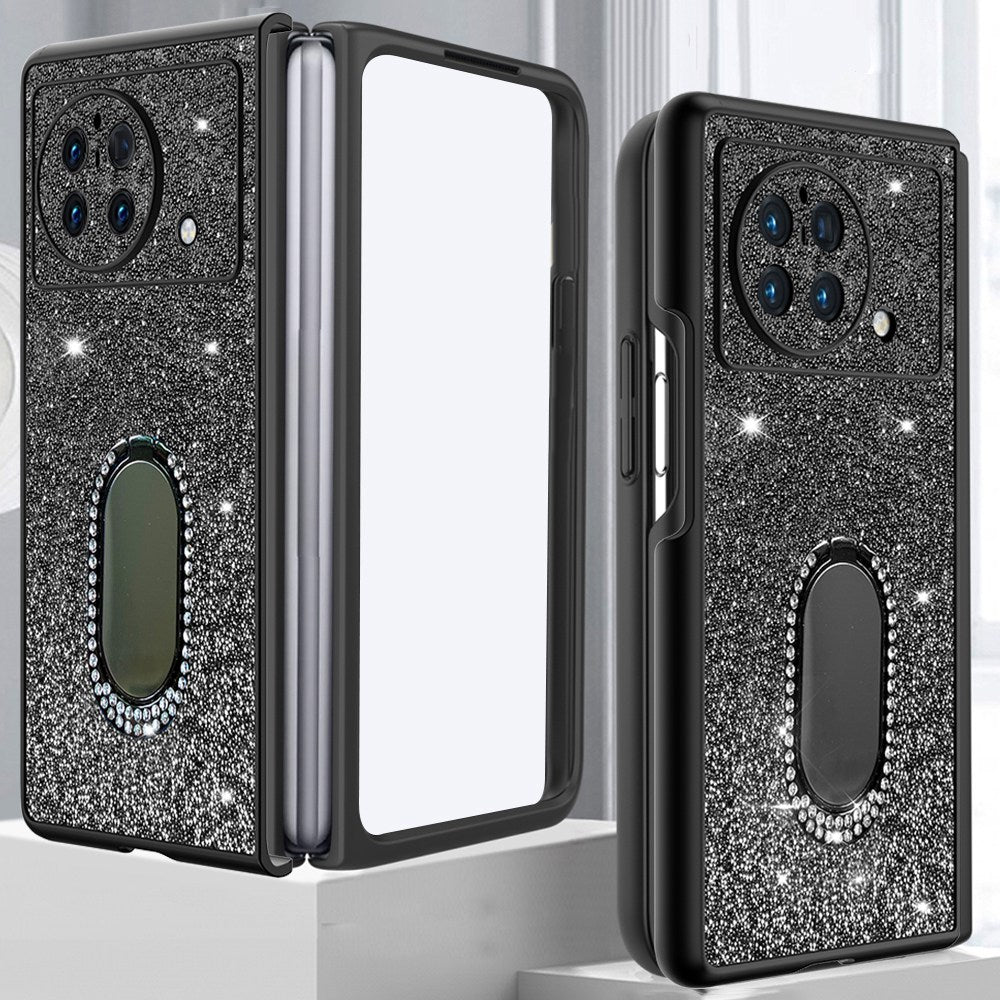 For vivo X Fold Rhinestone Decor Ring Kickstand Folding Phone Case TPU + PC Hybrid Cover - Black