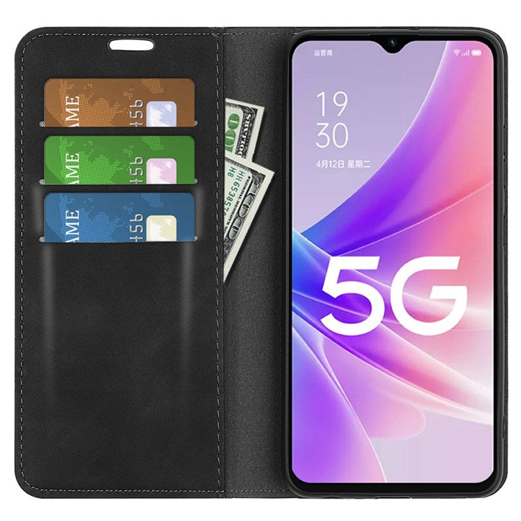 Skin-touch Feeling Phone Case for Oppo A57 (2022) 5G / A77 5G, PU Leather Magnetic Auto-absorbed Stand Wallet Protective Cover - Black