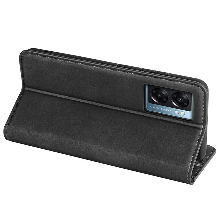 Skin-touch Feeling Phone Case for Oppo A57 (2022) 5G / A77 5G, PU Leather Magnetic Auto-absorbed Stand Wallet Protective Cover - Black