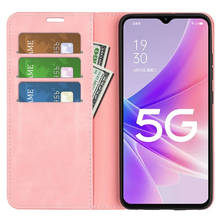 Skin-touch Feeling Phone Case for Oppo A57 (2022) 5G / A77 5G, PU Leather Magnetic Auto-absorbed Stand Wallet Protective Cover - Pink