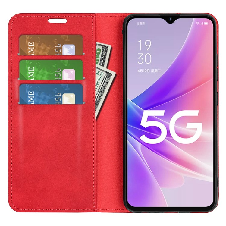 Skin-touch Feeling Phone Case for Oppo A57 (2022) 5G / A77 5G, PU Leather Magnetic Auto-absorbed Stand Wallet Protective Cover - Red