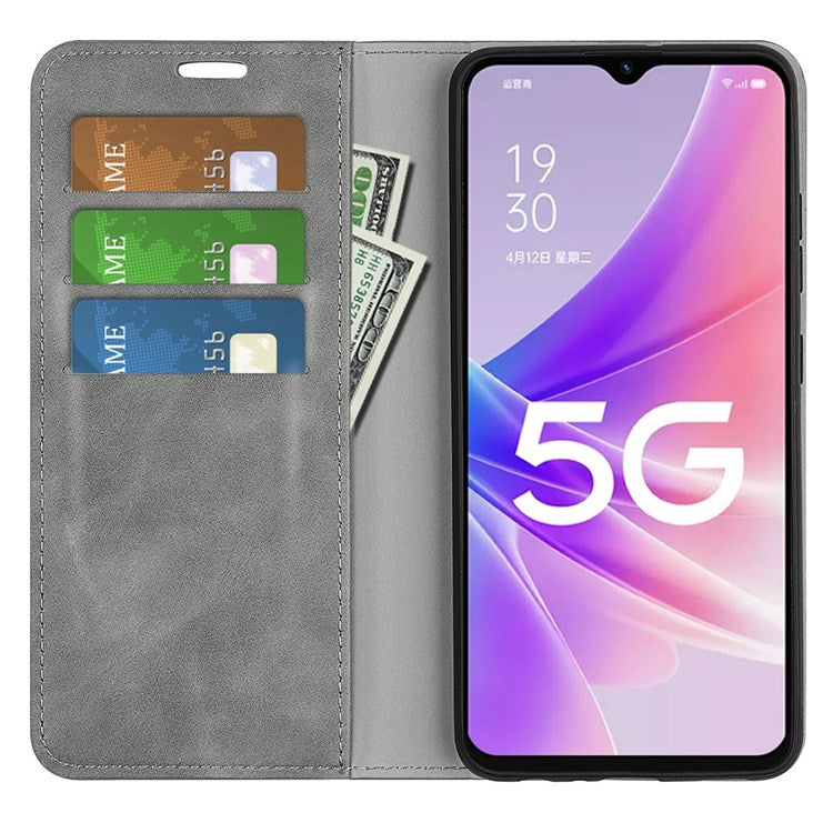 Skin-touch Feeling Phone Case for Oppo A57 (2022) 5G / A77 5G, PU Leather Magnetic Auto-absorbed Stand Wallet Protective Cover - Grey