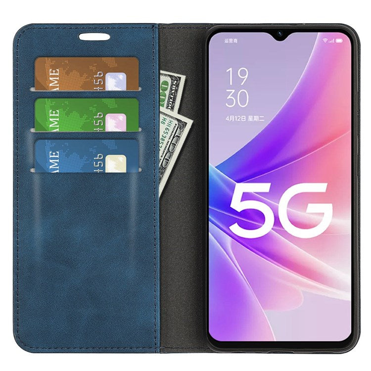 Skin-touch Feeling Phone Case for Oppo A57 (2022) 5G / A77 5G, PU Leather Magnetic Auto-absorbed Stand Wallet Protective Cover - Blue