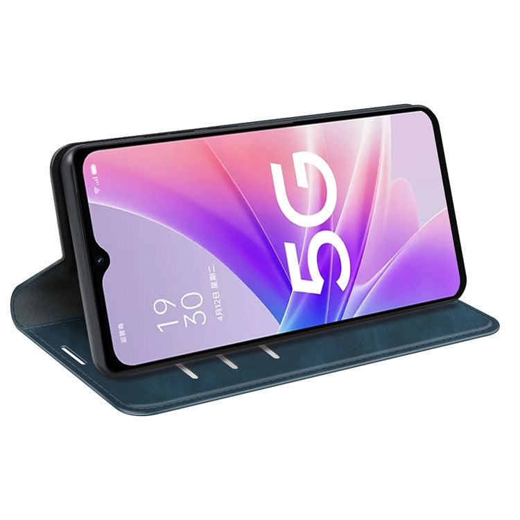 Skin-touch Feeling Phone Case for Oppo A57 (2022) 5G / A77 5G, PU Leather Magnetic Auto-absorbed Stand Wallet Protective Cover - Blue
