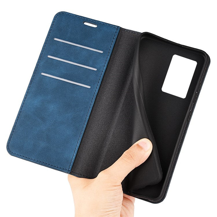 Skin-touch Feeling Phone Case for Oppo A57 (2022) 5G / A77 5G, PU Leather Magnetic Auto-absorbed Stand Wallet Protective Cover - Blue