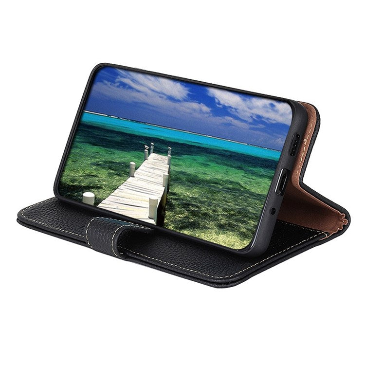 KHAZNEH Genuine Leather Wallet Phone Case for Oppo Find X5, Litchi Texture Viewing Stand Flip Magnetic Cover - Black