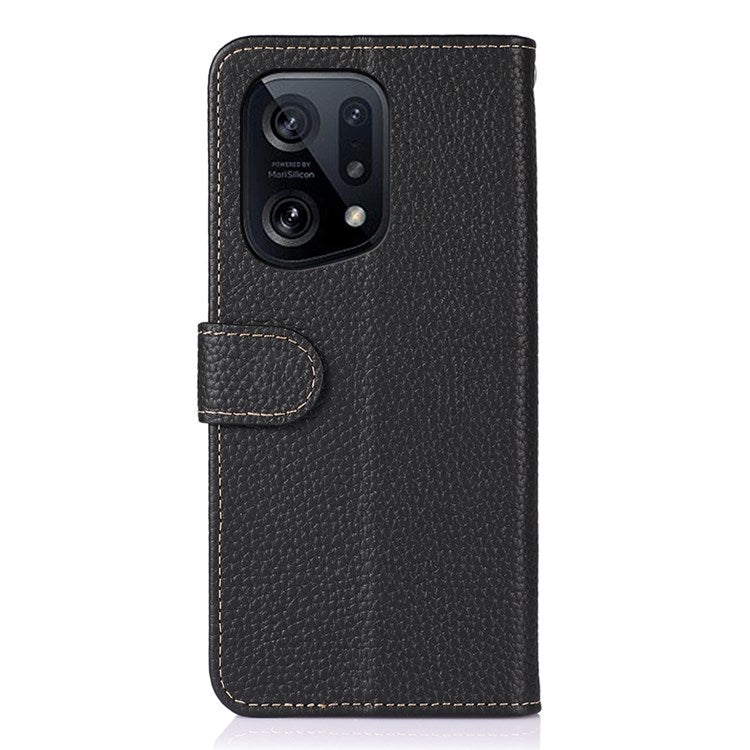 KHAZNEH Genuine Leather Wallet Phone Case for Oppo Find X5, Litchi Texture Viewing Stand Flip Magnetic Cover - Black