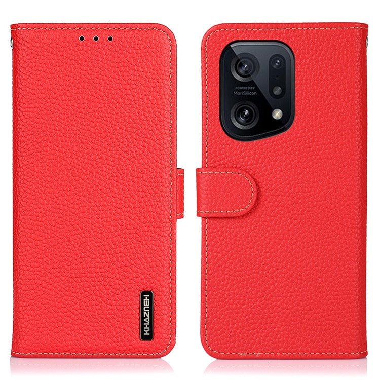 KHAZNEH Genuine Leather Wallet Phone Case for Oppo Find X5, Litchi Texture Viewing Stand Flip Magnetic Cover - Red
