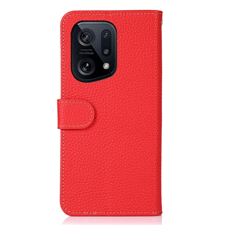 KHAZNEH Genuine Leather Wallet Phone Case for Oppo Find X5, Litchi Texture Viewing Stand Flip Magnetic Cover - Red
