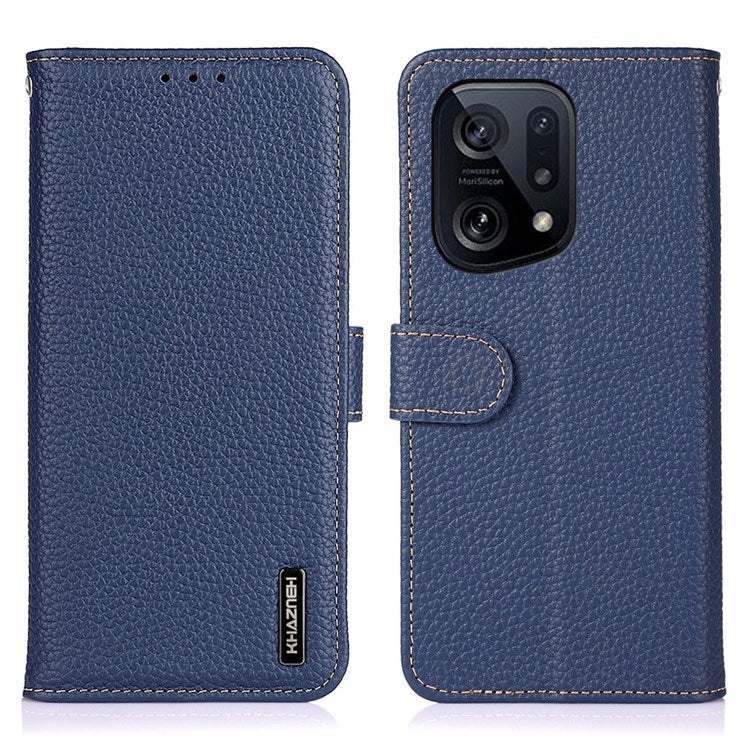 KHAZNEH Genuine Leather Wallet Phone Case for Oppo Find X5, Litchi Texture Viewing Stand Flip Magnetic Cover - Blue