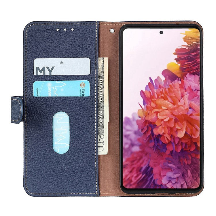 KHAZNEH Genuine Leather Wallet Phone Case for Oppo Find X5, Litchi Texture Viewing Stand Flip Magnetic Cover - Blue