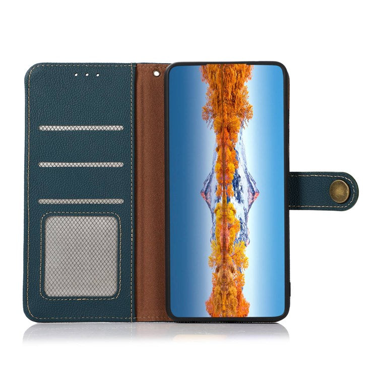 KHAZNEH for Oppo Reno7 4G/F21 Pro 4G Genuine Leather Magnetic Shock Absorbing Case RFID Blocking Folio Wallet Stand Full Protection Cover - Green