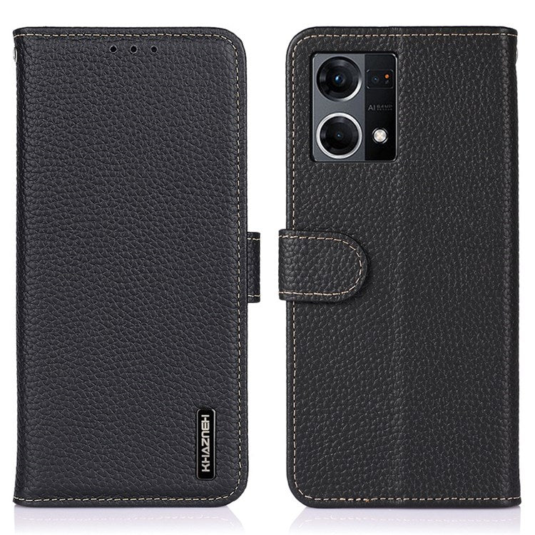 KHAZNEH for Oppo Reno7 4G/F21 Pro 4G Litchi Grain Genuine Leather Case Viewing Stand Wallet Flip Folio Cover - Black
