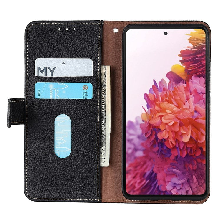 KHAZNEH for Oppo Reno7 4G/F21 Pro 4G Litchi Grain Genuine Leather Case Viewing Stand Wallet Flip Folio Cover - Black