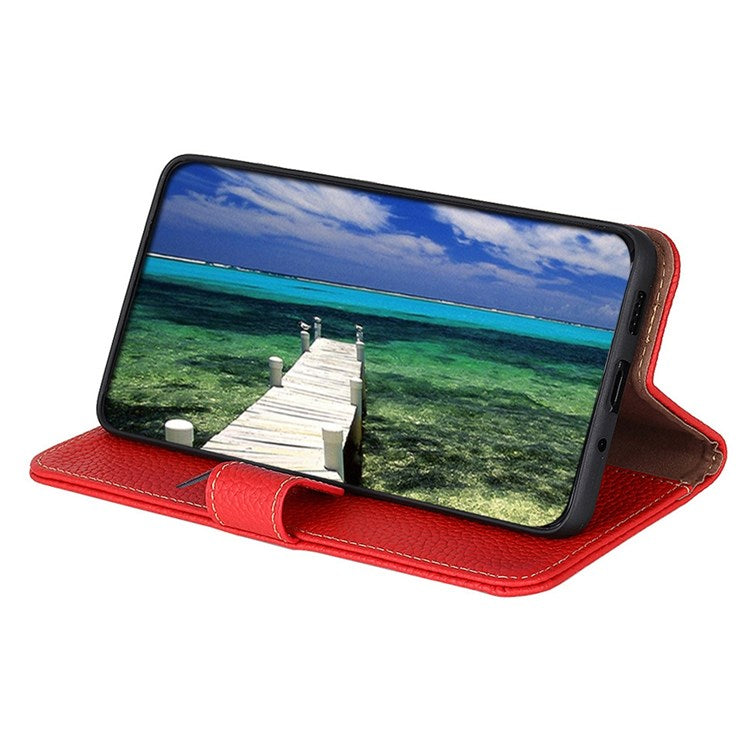 KHAZNEH for Oppo Reno7 4G/F21 Pro 4G Litchi Grain Genuine Leather Case Viewing Stand Wallet Flip Folio Cover - Red