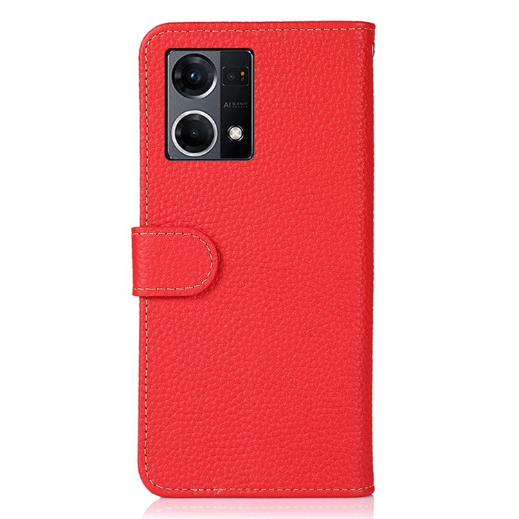 KHAZNEH for Oppo Reno7 4G/F21 Pro 4G Litchi Grain Genuine Leather Case Viewing Stand Wallet Flip Folio Cover - Red