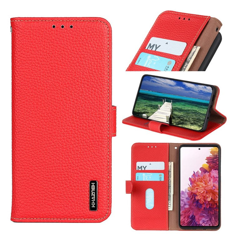KHAZNEH for Oppo Reno7 4G/F21 Pro 4G Litchi Grain Genuine Leather Case Viewing Stand Wallet Flip Folio Cover - Red