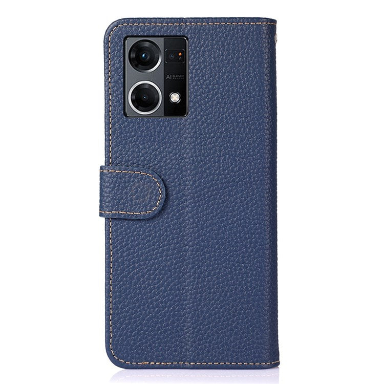 KHAZNEH for Oppo Reno7 4G/F21 Pro 4G Litchi Grain Genuine Leather Case Viewing Stand Wallet Flip Folio Cover - Blue