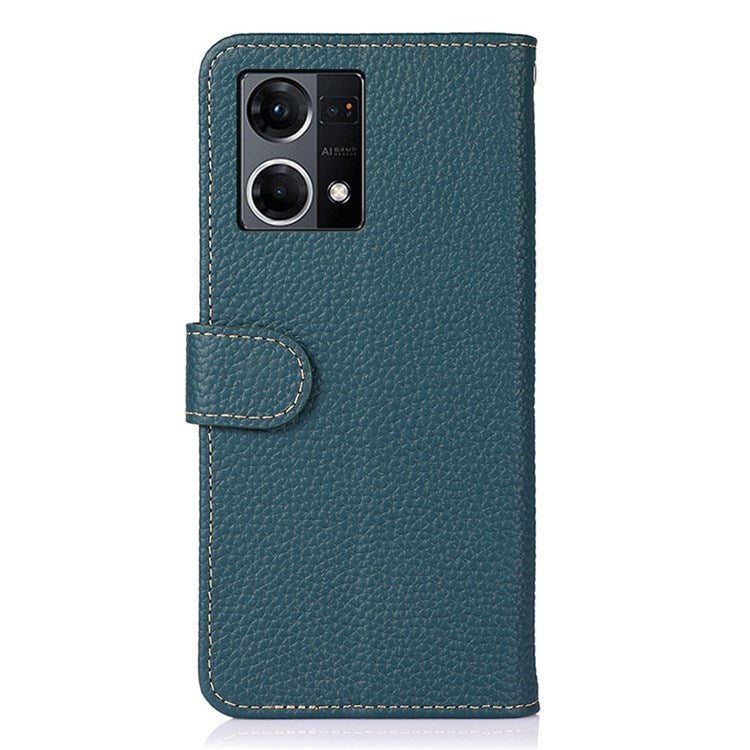 KHAZNEH for Oppo Reno7 4G/F21 Pro 4G Litchi Grain Genuine Leather Case Viewing Stand Wallet Flip Folio Cover - Green