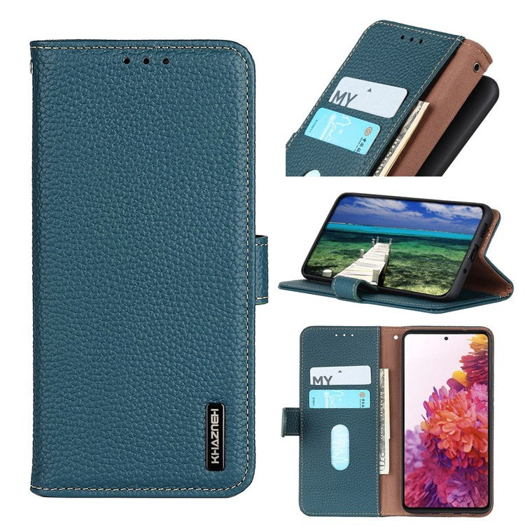 KHAZNEH for Oppo Reno7 4G/F21 Pro 4G Litchi Grain Genuine Leather Case Viewing Stand Wallet Flip Folio Cover - Green