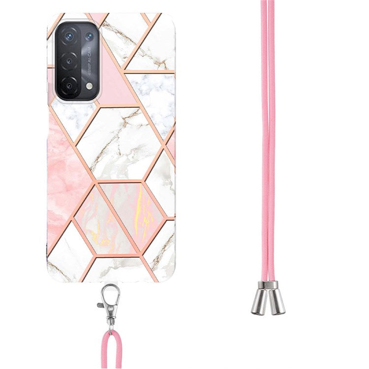 YB IMD Series-5 Slim Lightweight TPU Phone Cover for 	Oppo A74 5G/A93 5G/A54 5G/A93s 5G, Shiny Electroplating Effect IMD IML Marble Pattern Phone Flexible Case with Adjustable Lanyard - Pink/White