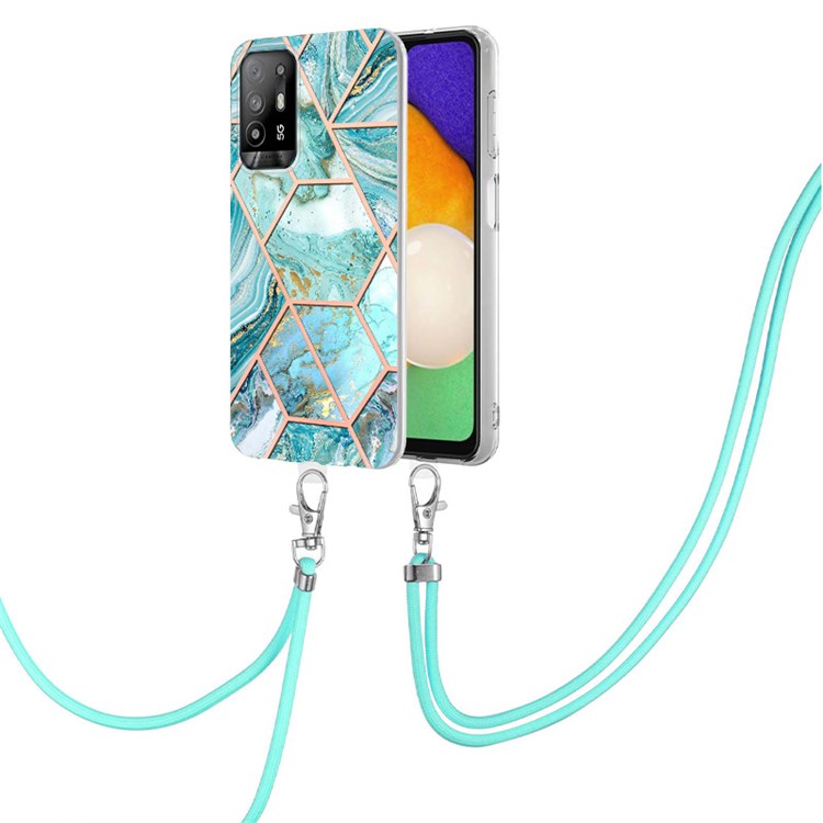 YB IMD Series-5 Slim Lightweight TPU Phone Cover for Oppo A94 5G/A95 5G, Drop Protection IMD IML Marble Pattern Metal-Like Effect Electroplating Soft Phone Case with Adjustable Lanyard - Blue