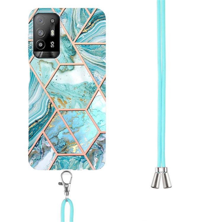 YB IMD Series-5 Slim Lightweight TPU Phone Cover for Oppo A94 5G/A95 5G, Drop Protection IMD IML Marble Pattern Metal-Like Effect Electroplating Soft Phone Case with Adjustable Lanyard - Blue