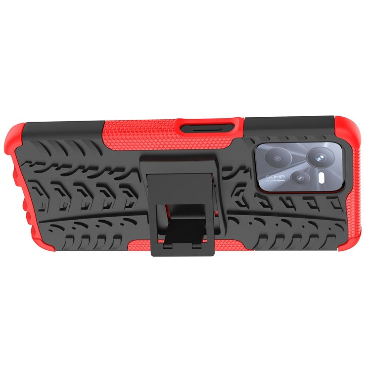 For Realme C35 Kickstand Phone Case Cool Tire Texture Anti-drop Hybrid TPU + PC Cover - Red