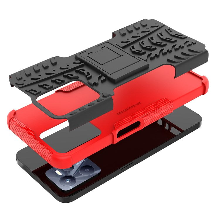 For Realme C35 Kickstand Phone Case Cool Tire Texture Anti-drop Hybrid TPU + PC Cover - Red